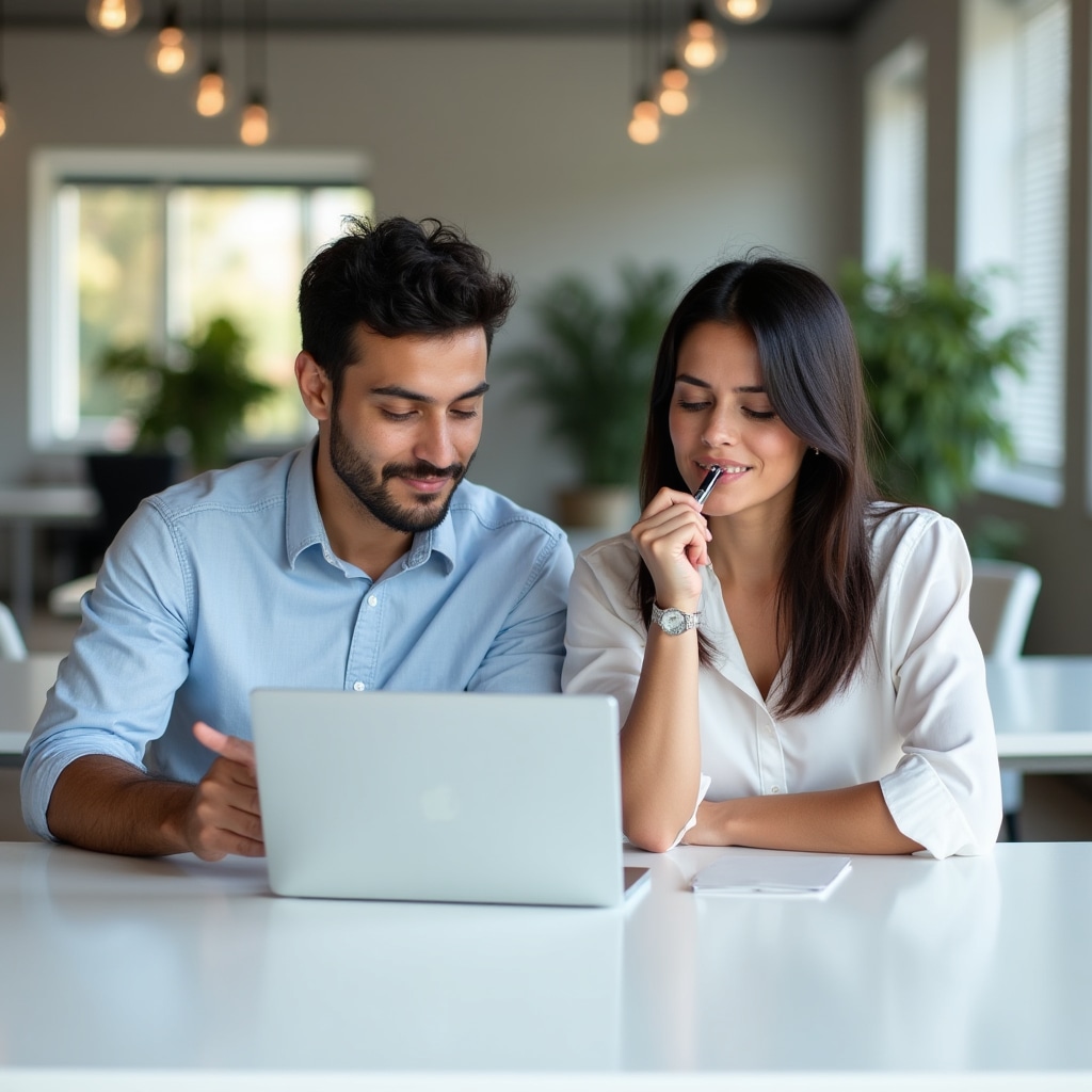 Two young multicultural professionals collaborating on educational content at a bright modern desk