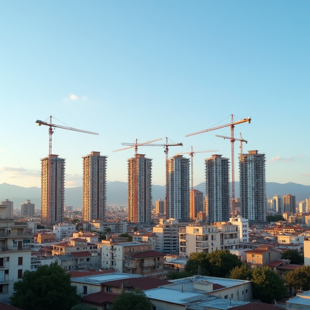 Modern construction cranes and residential buildings in a Chilean city skyline