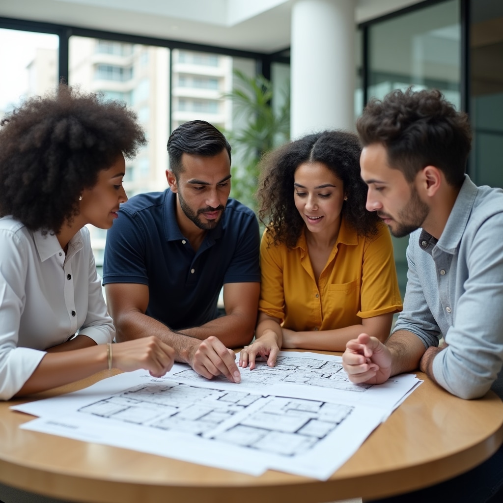 Group of young Chilean professionals in discussion about property investment concepts