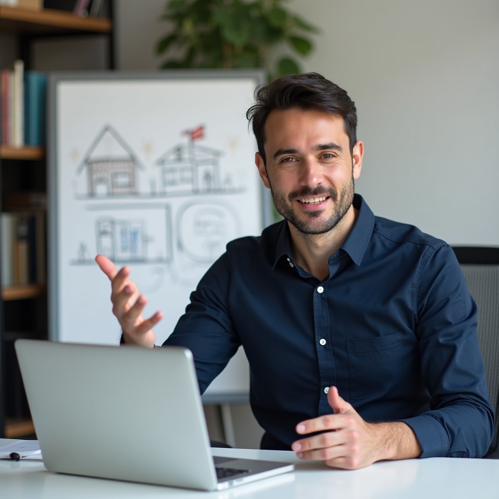 Online workshop instructor presenting real estate concepts via video call to Chilean participants