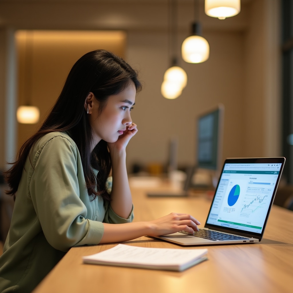 Young Chilean professional studying real estate finance on a laptop in a bright workspace