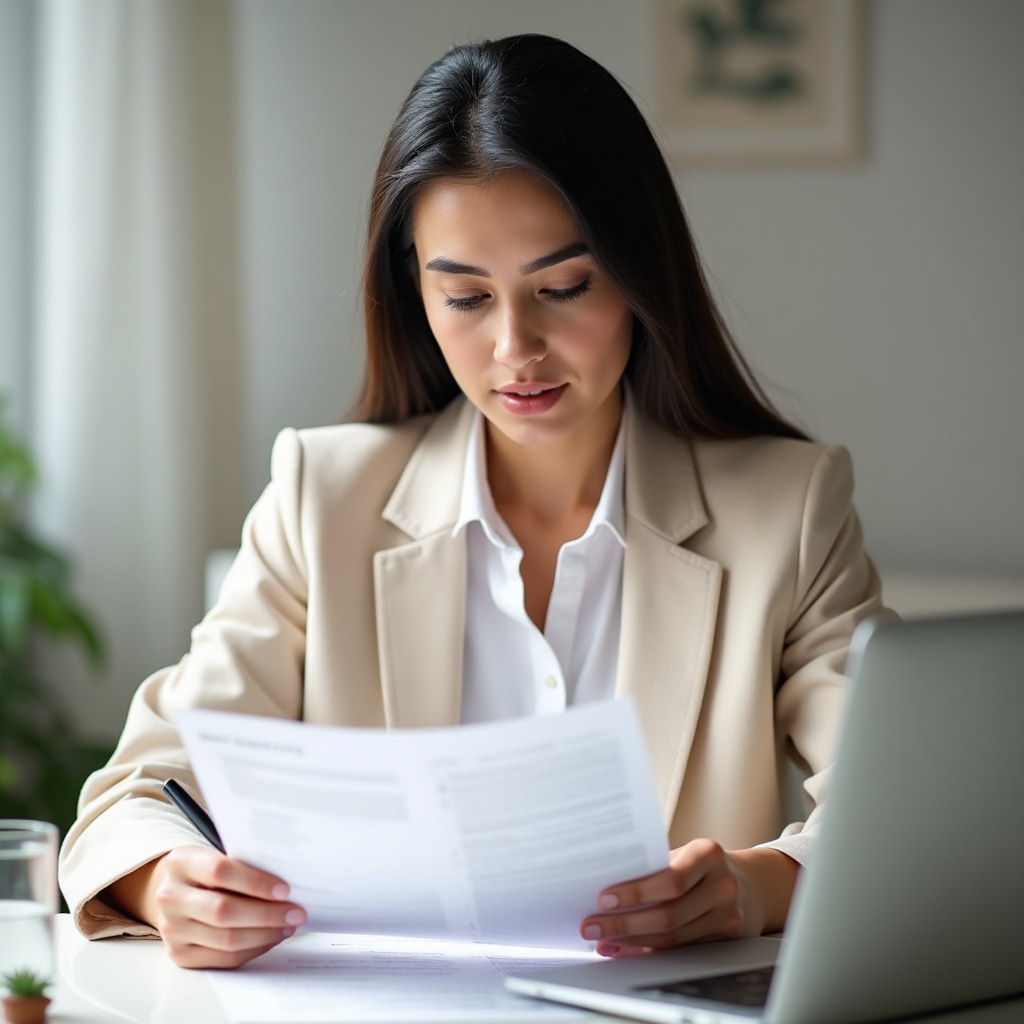 Young woman reviewing Chilean property documents at a desk with natural light