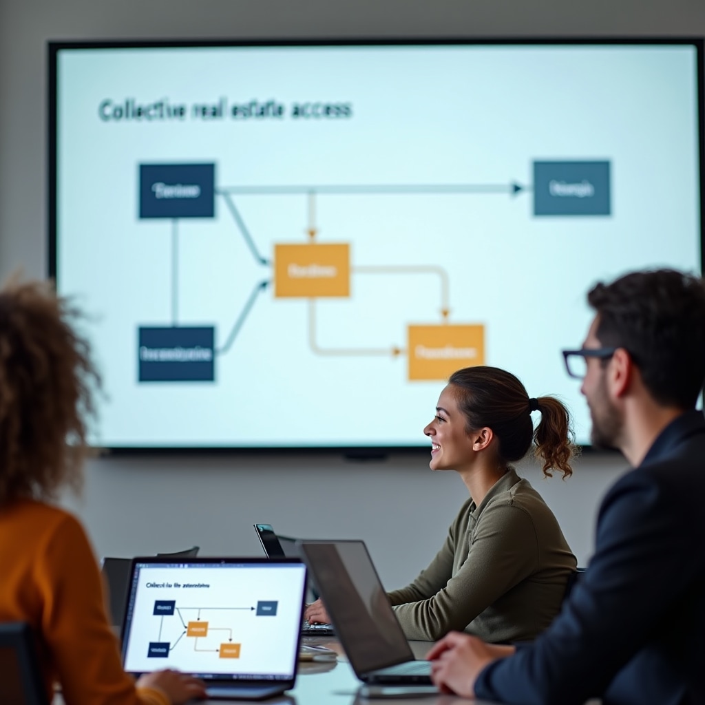 Educational session explaining collective real estate access models with diagram on presentation screen