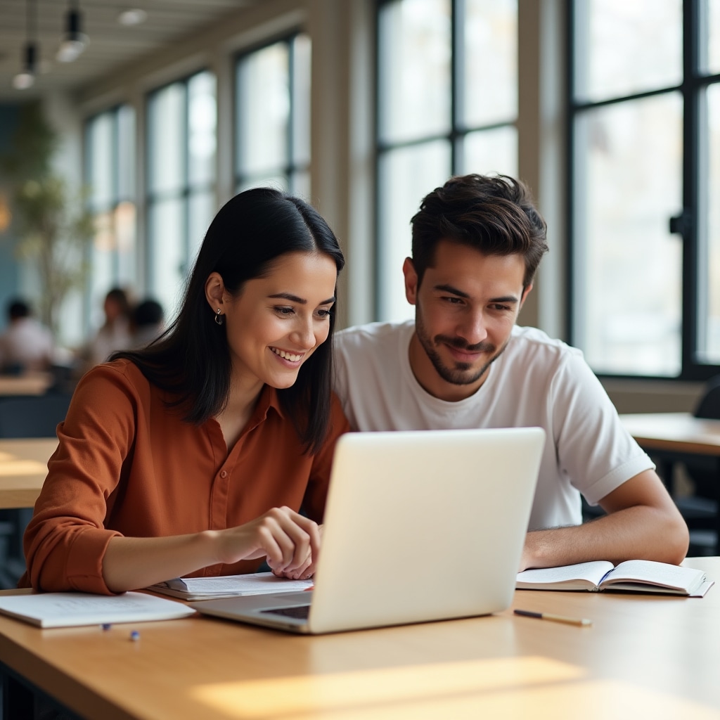 Two young Chilean adults aged mid-20s studying property finance concepts together at a bright study space